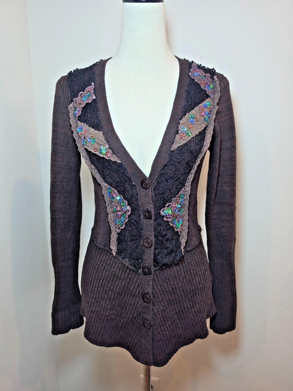 Free People Y2K Sequin Lace Silk Blend Fitted Ribbed Cardigan Small Brown Fairy